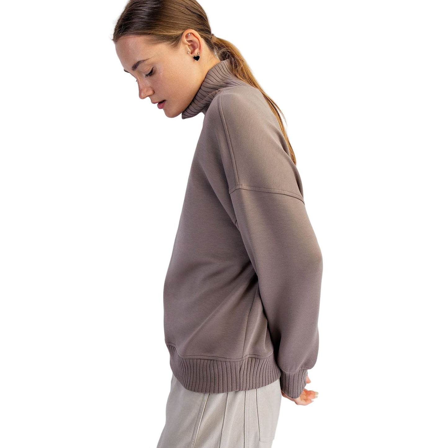 Women's Modal Scuba Ribbed Mock Neck Pullover T0043