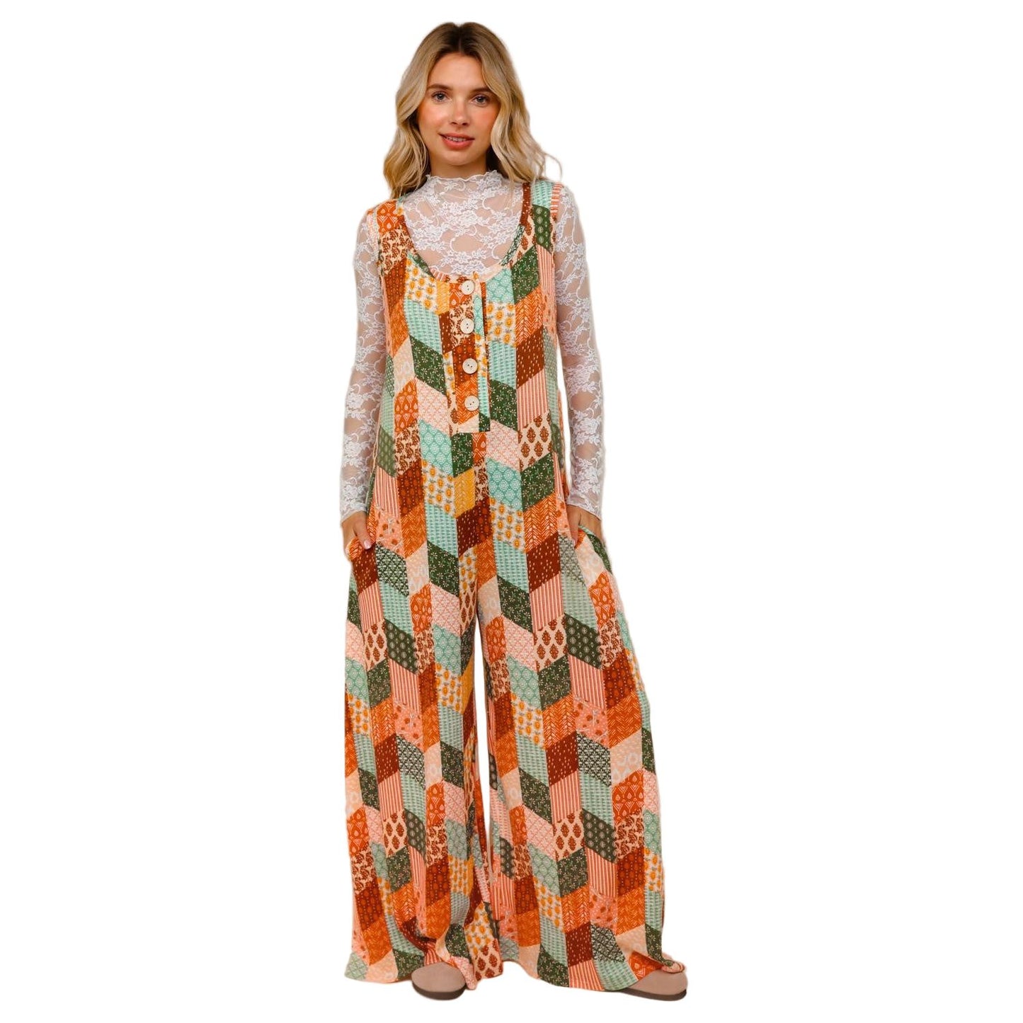 Women's Button Down Loose Jumpsuit W/ Side Pockets HR7222B