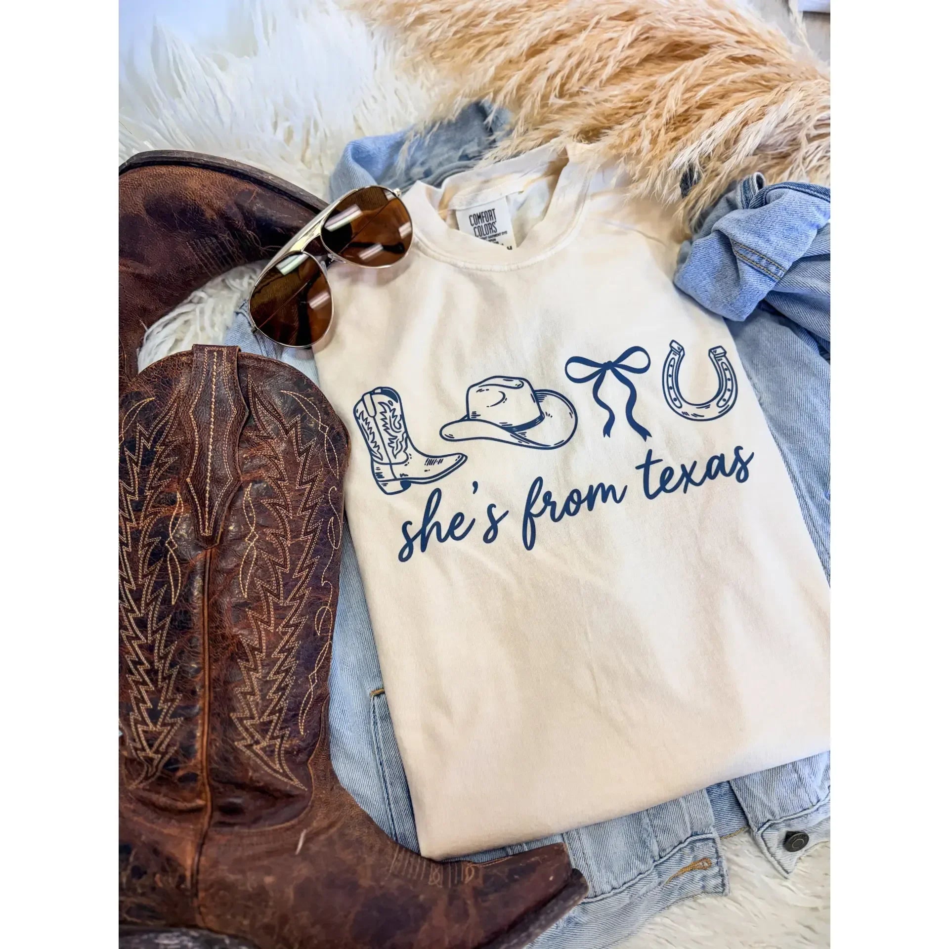 Women's Short Sleeve Cream with Blue "She's From Texas" T-shirt