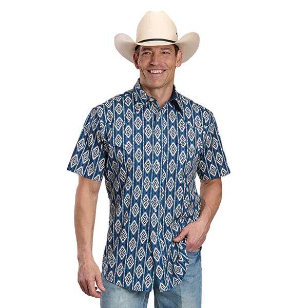 Men's Roper Short Sleeve Blue Vertical Aztec Print Snap Shirt 03-002-0068-0485