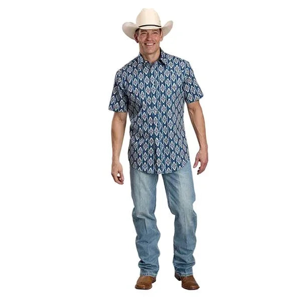 Men's Roper Short Sleeve Blue Vertical Aztec Print Snap Shirt 03-002-0068-0485