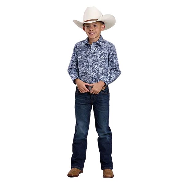 Boy's Roper Long Sleeve Blue Amarillo All Over Print Snap Shirt 03-030-0225-4050