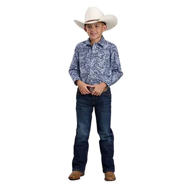 Boy's Roper Long Sleeve Blue Amarillo All Over Print Snap Shirt 03-030-0225-4050