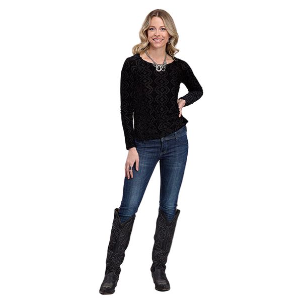 Women's Roper Long Sleeve Printed Knit Black on Black Mesh "Velour" Top 03-038-0514-1009