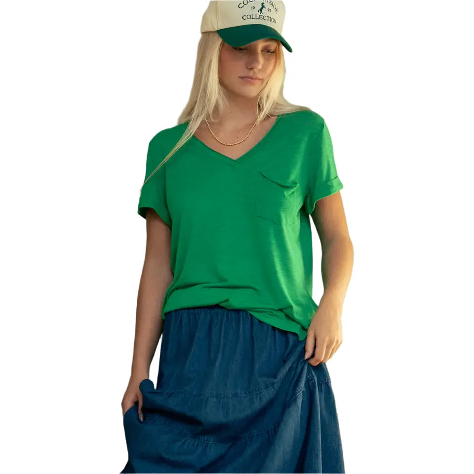 Women's Rolled Sleeve V-neck Pocket T-shirt UDTH5534T - Crazy House Western Wear