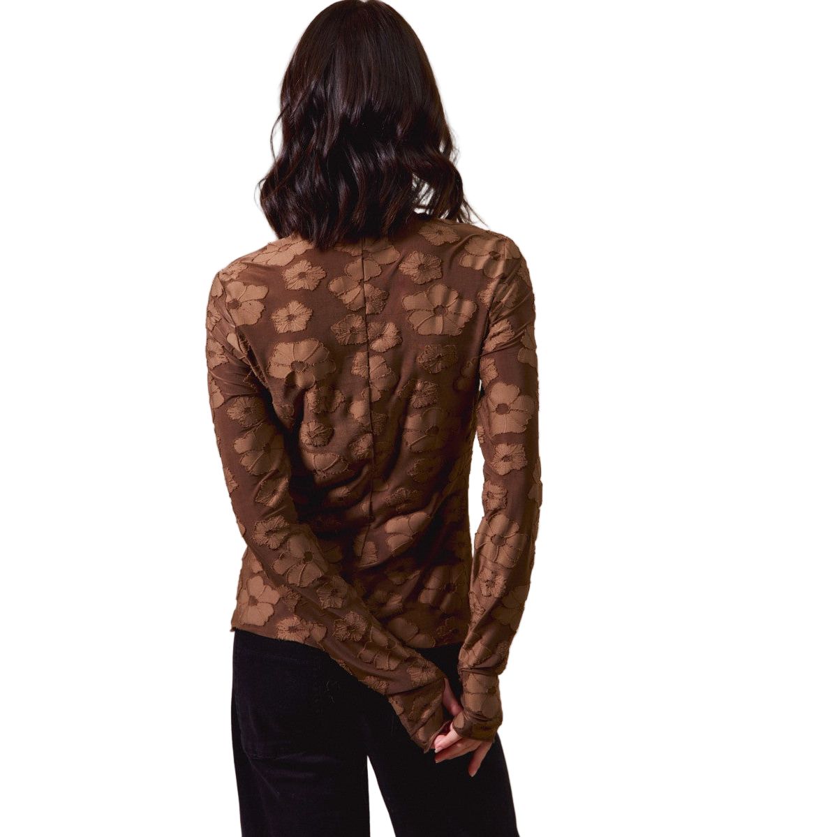 Women's Brown Floral Stretched Jacquard Top