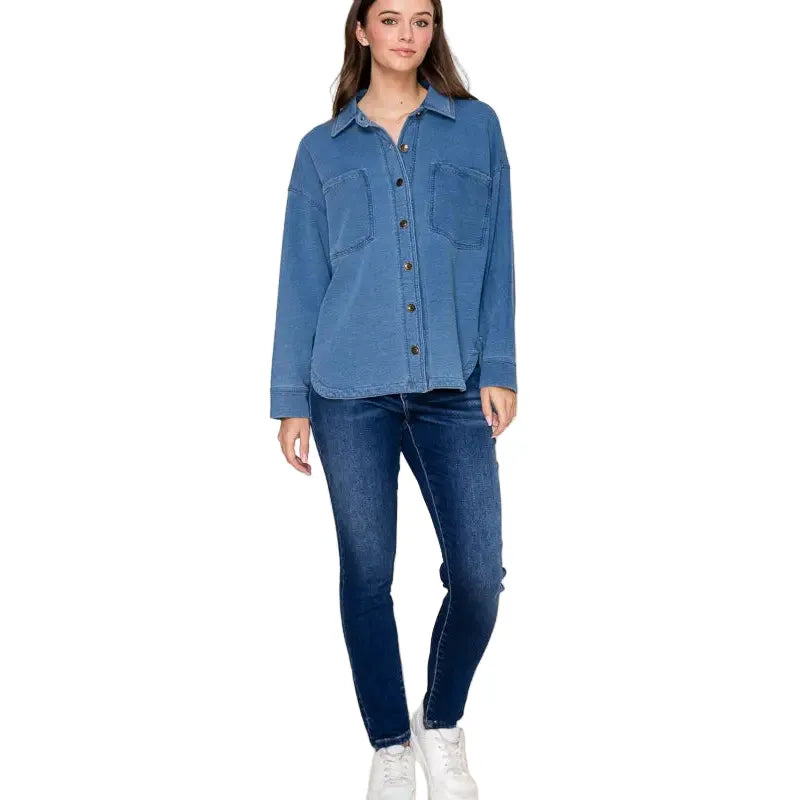 Women's Denim Collared Long Sleeve Button Top IJ-10035
