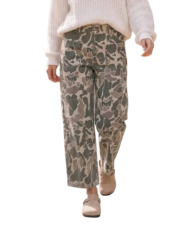 Women's Olive Camo Wide Leg Utility Denim Pants