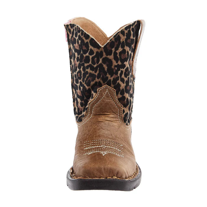 Girl's Roper Brown Leather Vamp with Cheetah Top Square Toe Boot