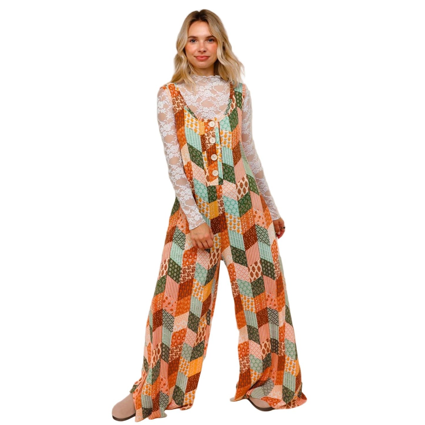 Women's Button Down Loose Jumpsuit W/ Side Pockets HR7222B