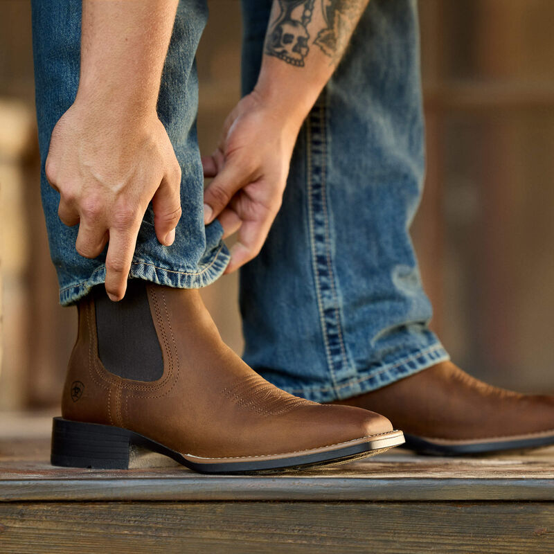 Men's Ariat Distressed Tan Booker Chelsea Wide Square Toe Western Boot 10031452