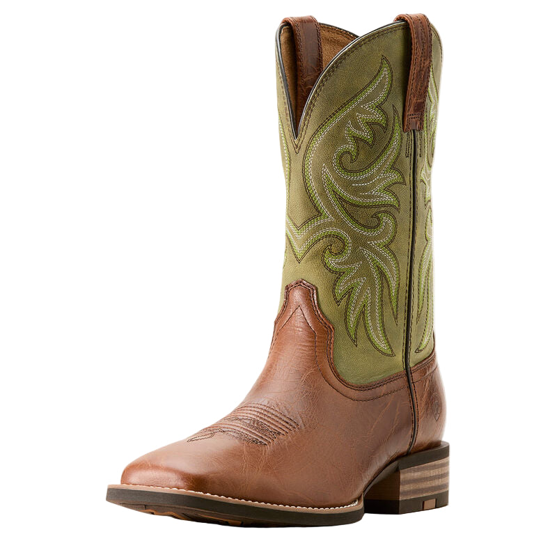 Brown and green cowboy boot with intricate stitching on a white background