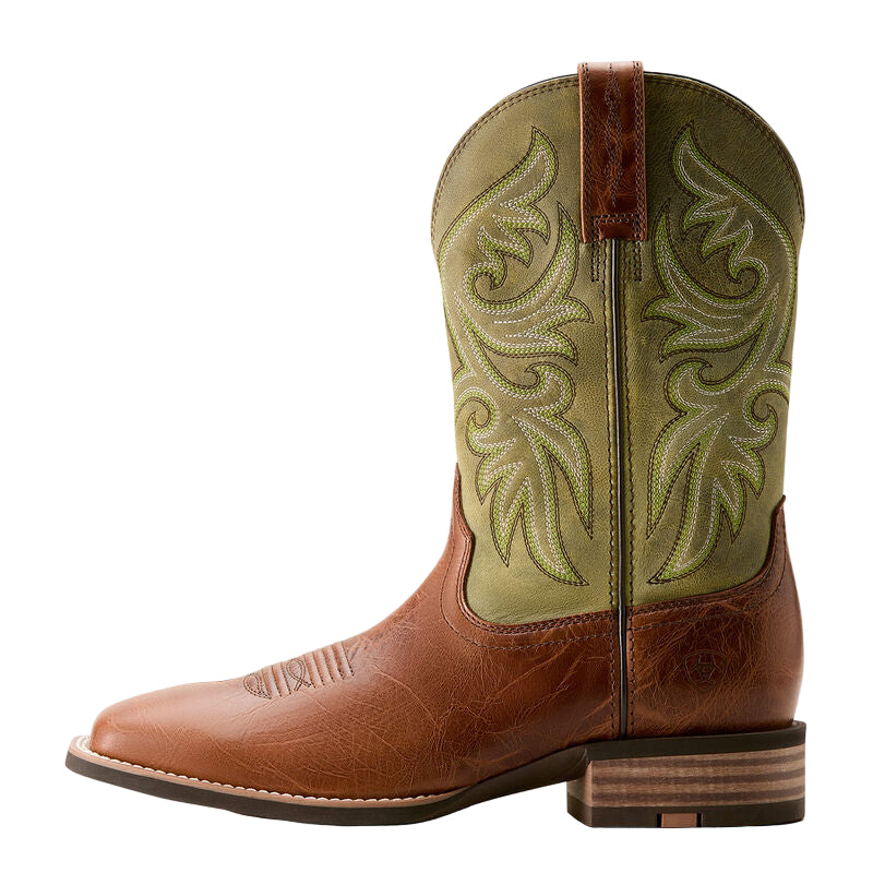 Brown and green cowboy boot with intricate design on a beige background