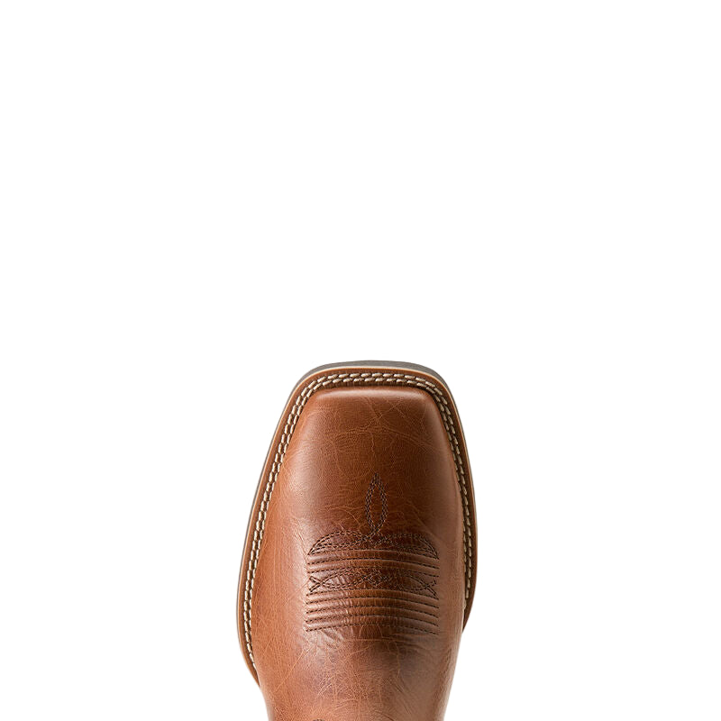 Brown leather boot with intricate stitching on a beige background