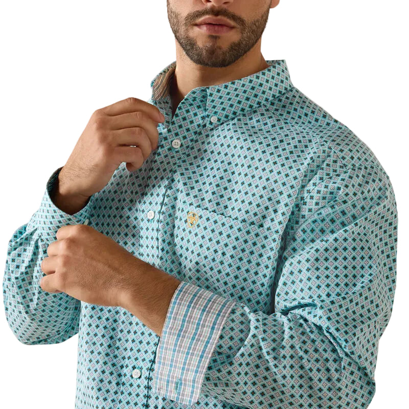 Men's Ariat Angel Blue Geo Print Wrinkle Free Andy Classic Fit Shirt 10071027