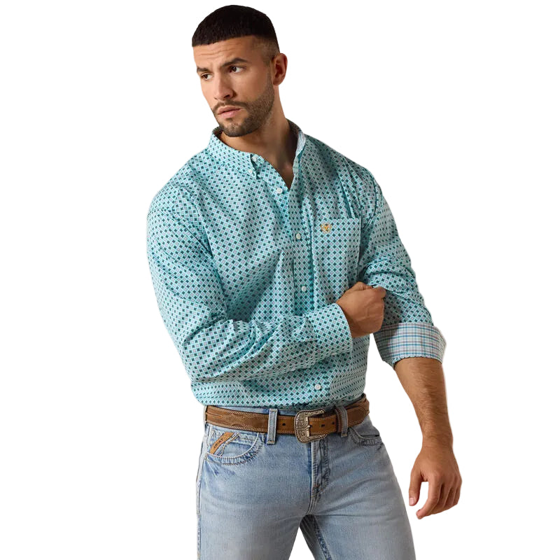 ariat dress shirt Ariat Men's Wrinkle Free Andy Classic Fit Shirt in Angel Blue Geo Print