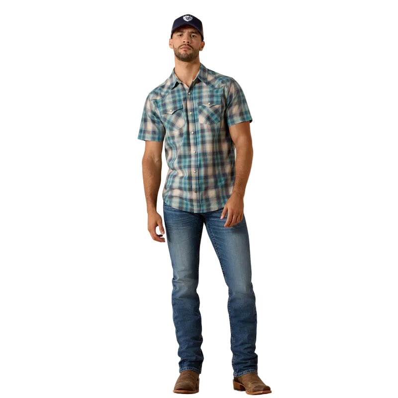 Men's Ariat Teal Plaid Retro Halden Fitted Snap Shirt 10071738