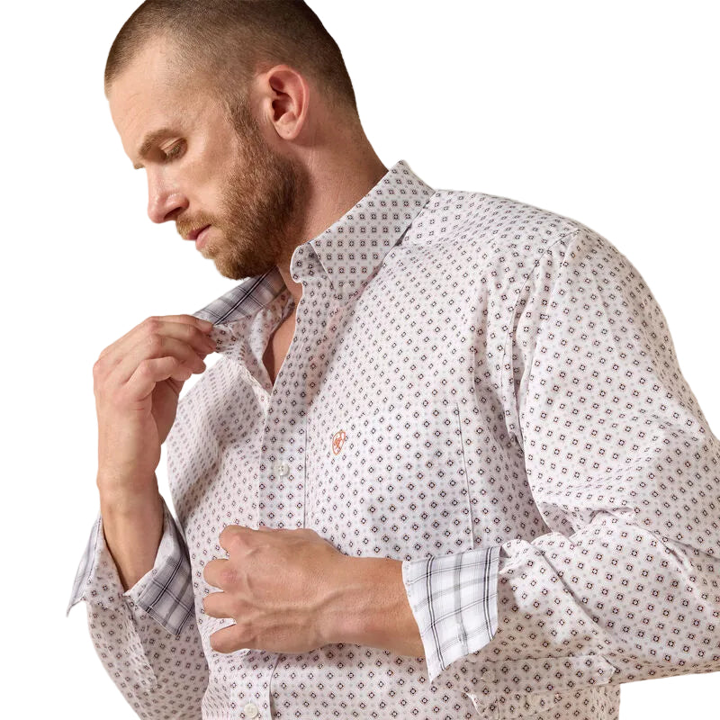 Men's Ariat White Geo Print Wrinkle Free Landry Classic Fit Shirt 10071748