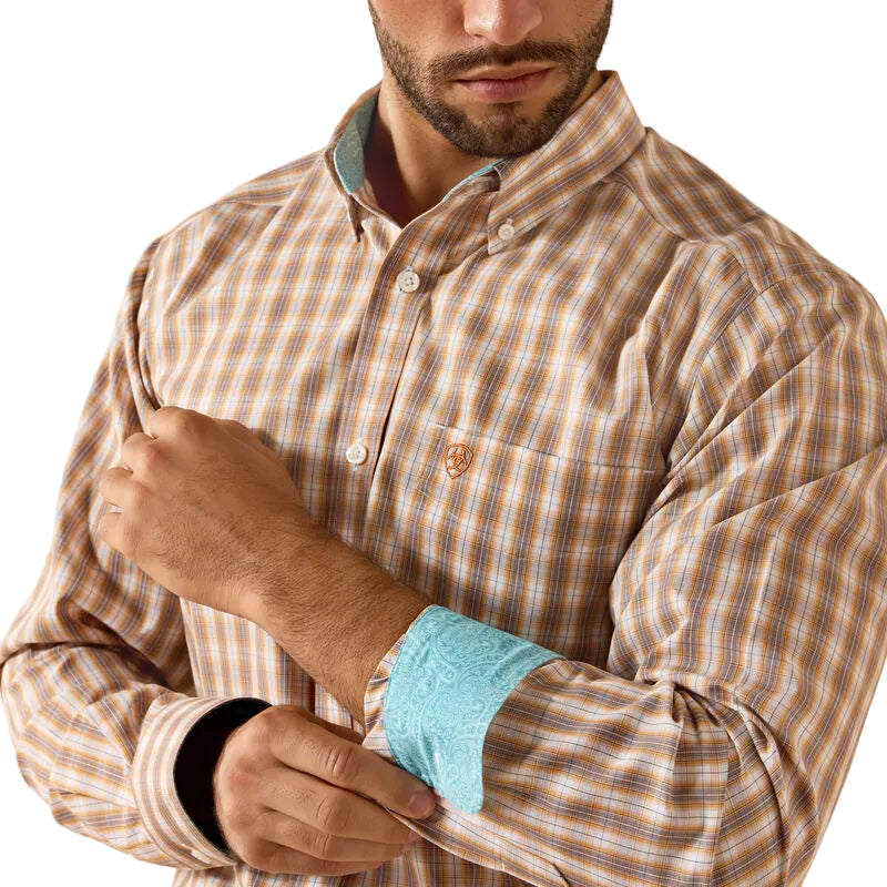 Men's Ariat Golden Oak Plaid Wrinkle Free Ayden Fitted Shirt 10071756