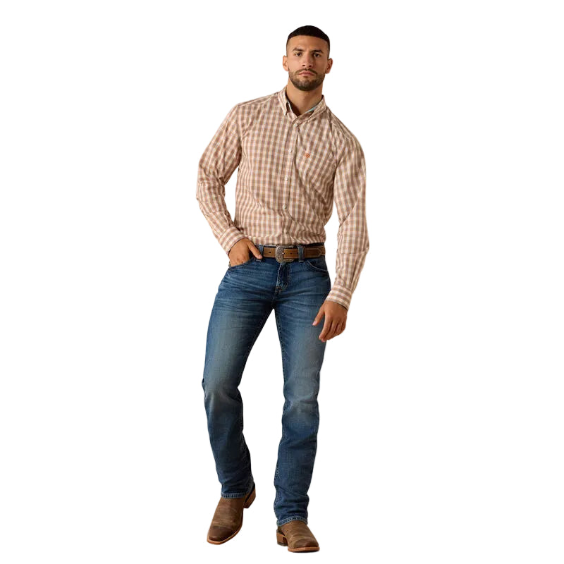 Men's Ariat Golden Oak Plaid Wrinkle Free Ayden Fitted Shirt 10071756