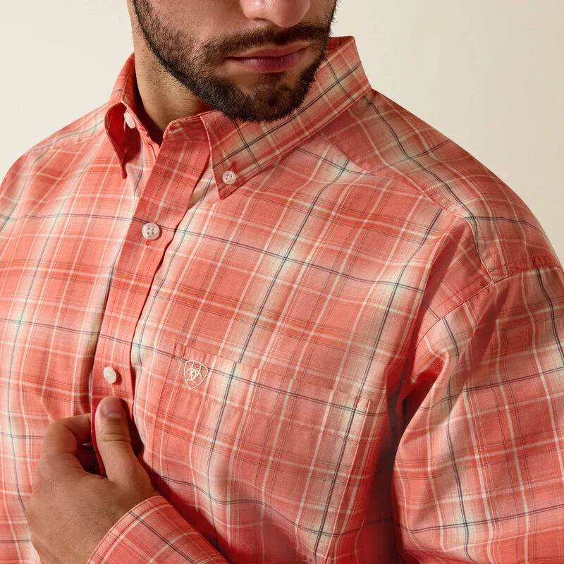 Men's Ariat Hot Coral Plaid Pro Series Noble Classic Fit Shirt 10073561