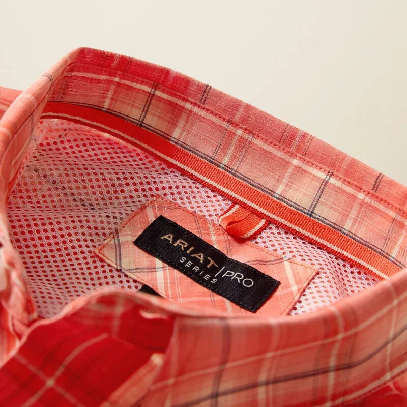 Men's Ariat Hot Coral Plaid Pro Series Noble Classic Fit Shirt 10073561