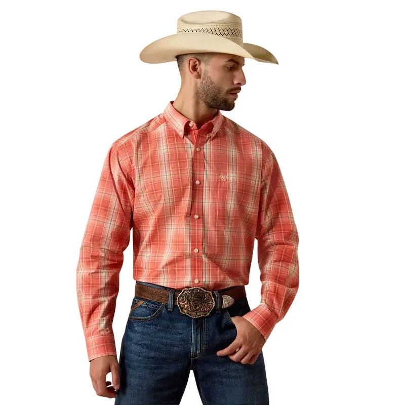 Men's Ariat Hot Coral Plaid Pro Series Noble Classic Fit Shirt 10073561