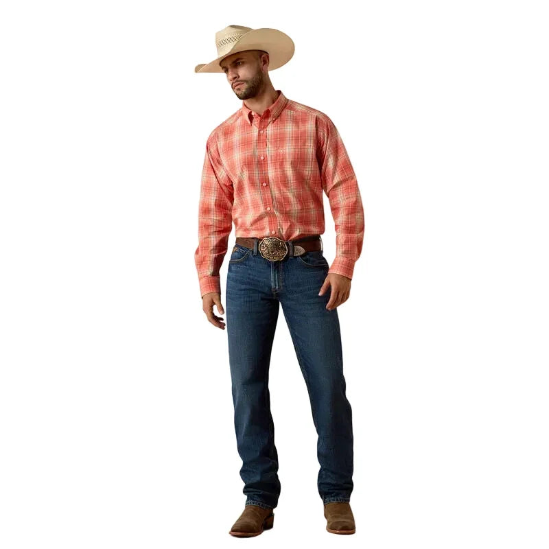 Men's Ariat Hot Coral Plaid Pro Series Noble Classic Fit Shirt 10073561