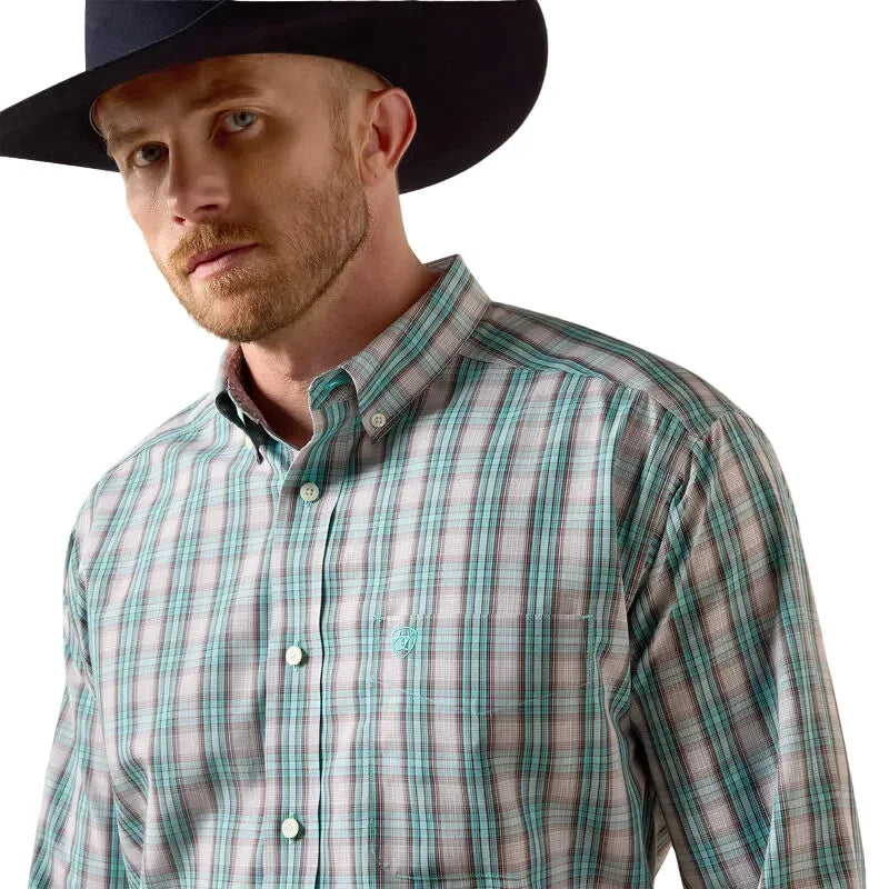 Men's Ariat Blue Turquoise Plaid Wrinkle Free Wolfe Classic Fit Shirt 10073686