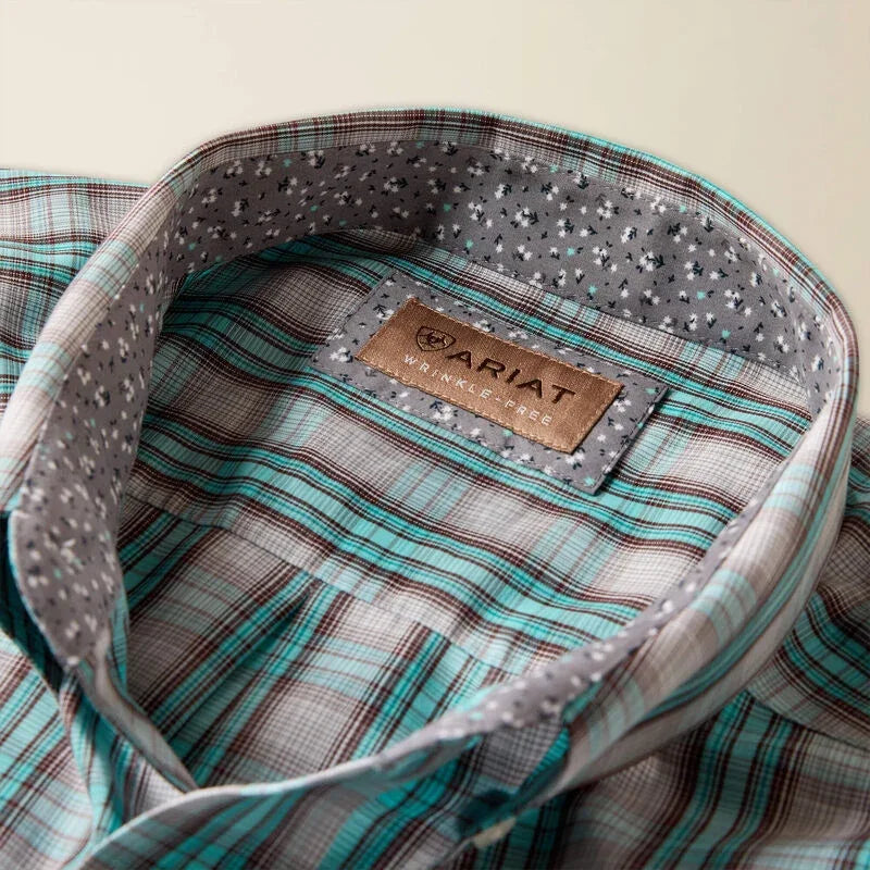 Men's Ariat Blue Turquoise Plaid Wrinkle Free Wolfe Classic Fit Shirt 10073686