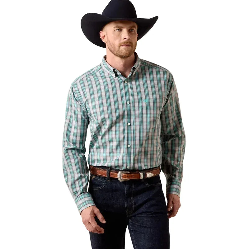 Men's Ariat Blue Turquoise Plaid Wrinkle Free Wolfe Classic Fit Shirt 10073686