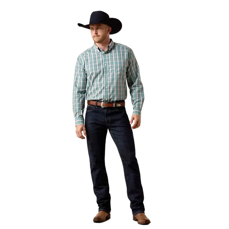Men's Ariat Blue Turquoise Plaid Wrinkle Free Wolfe Classic Fit Shirt 10073686