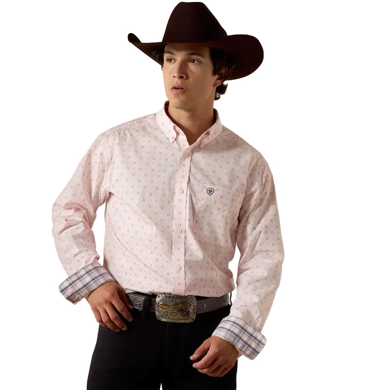 Men's Ariat Pink Geo Print Wrinkle Free Wally Fitted Shirt 10073690