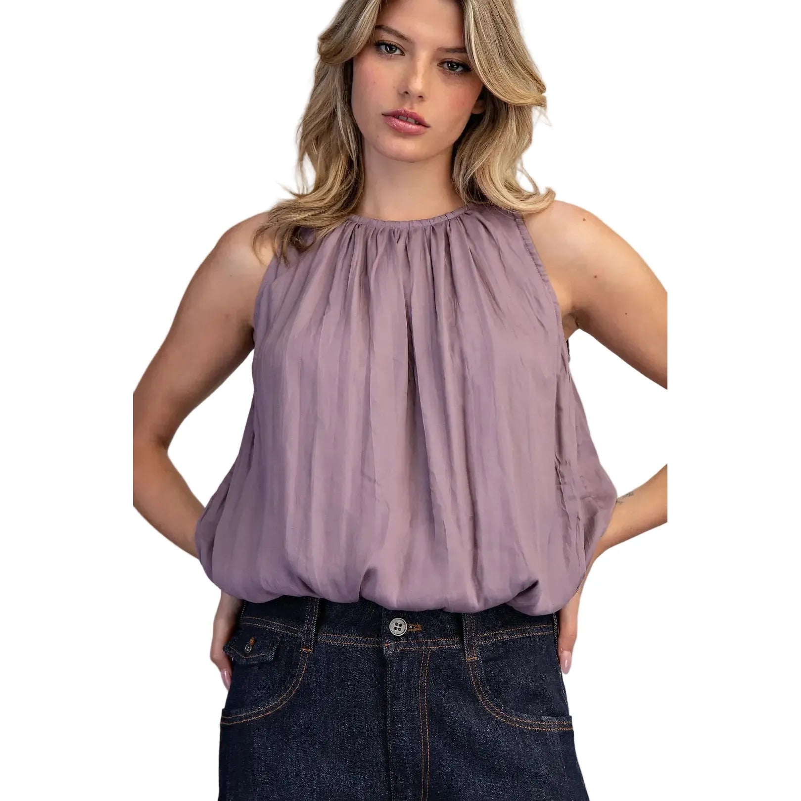 Women's ee:some Dry Herb Solid Sleeveless Gathered Blouse TK14640