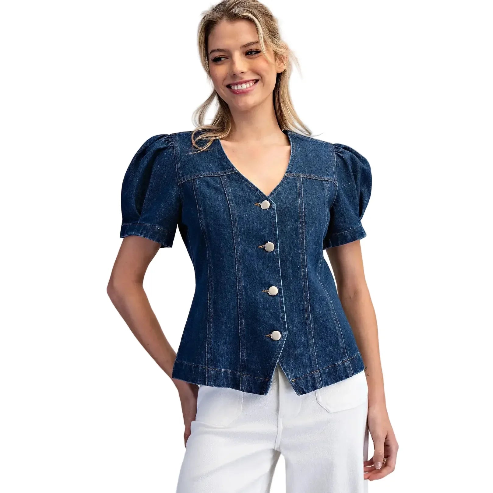Women's ee:some Mineral Washed Puff Sleeve Denim Top JH15554-DENIM