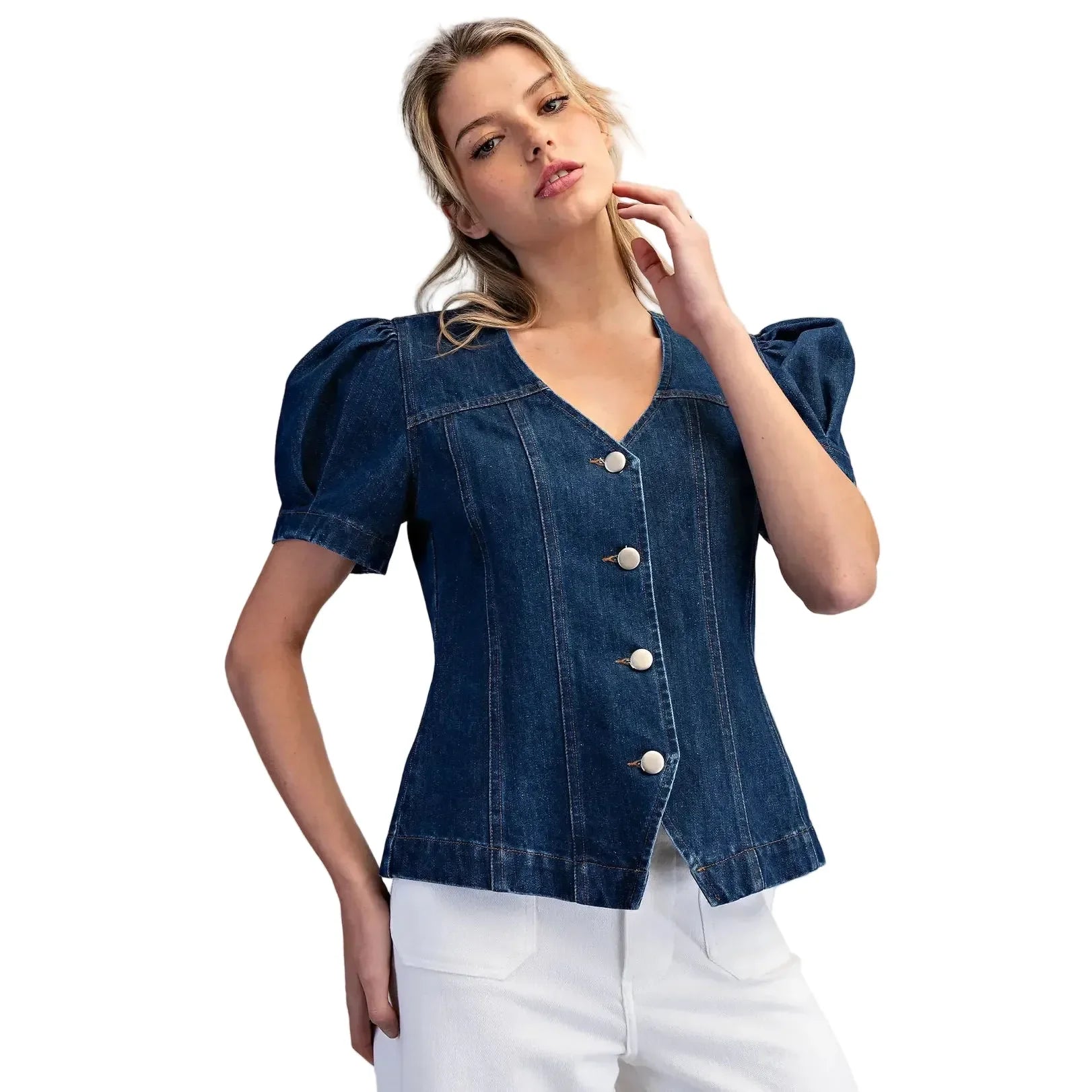 Women's ee:some Mineral Washed Puff Sleeve Denim Top JH15554-DENIM
