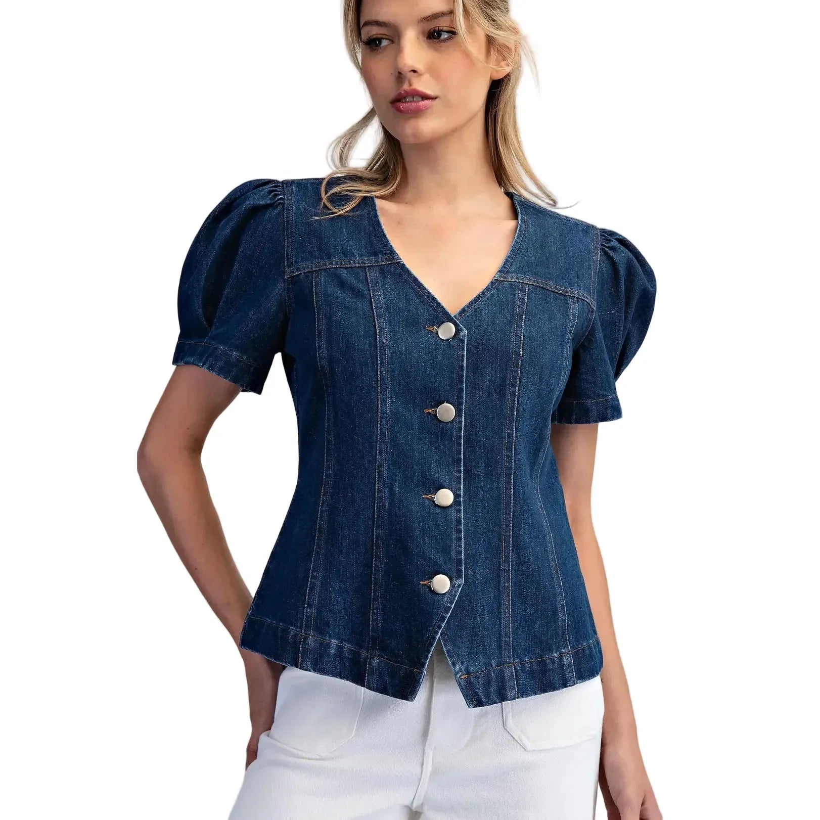 Women's ee:some Mineral Washed Puff Sleeve Denim Top JH15554-DENIM