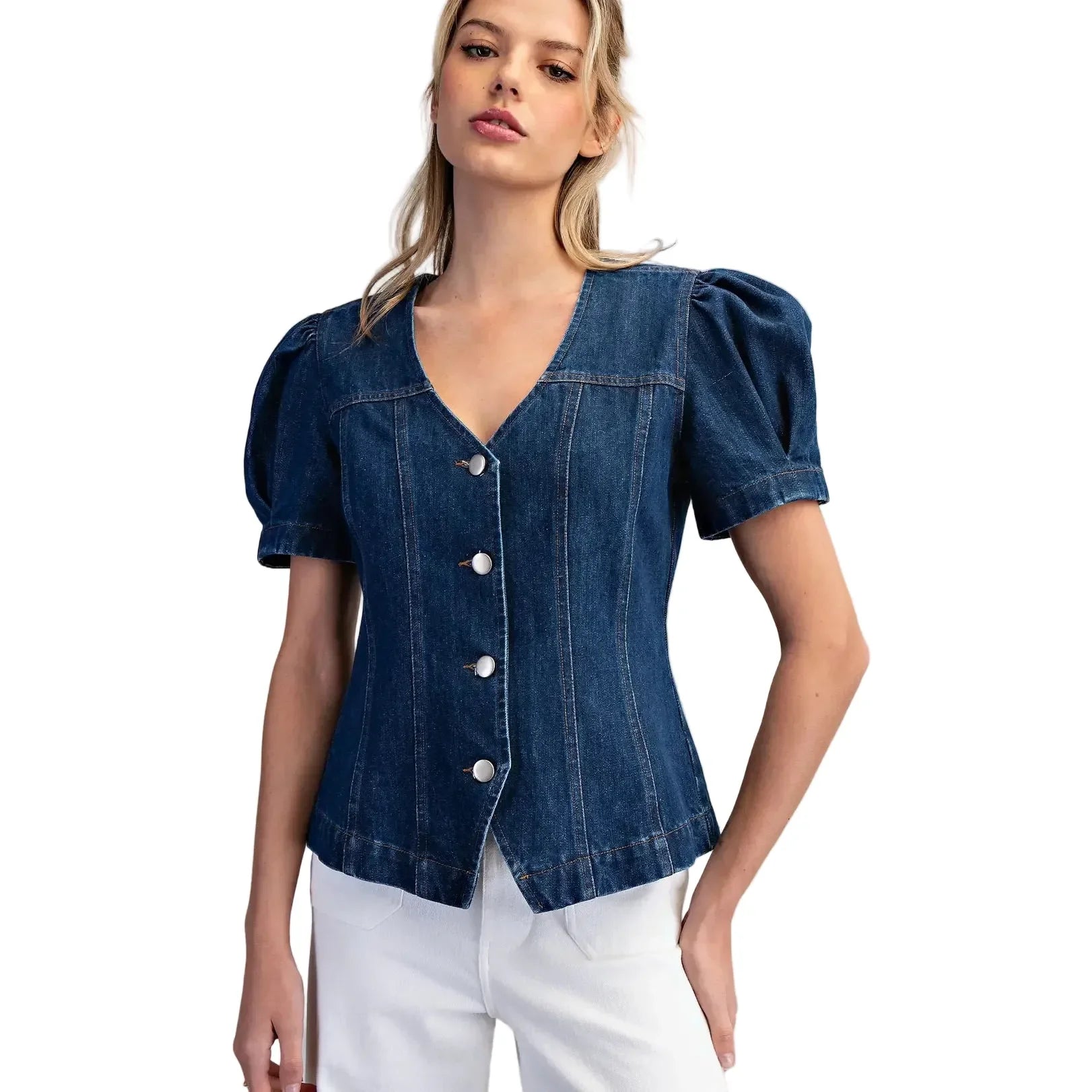 Women's ee:some Mineral Washed Puff Sleeve Denim Top JH15554-DENIM