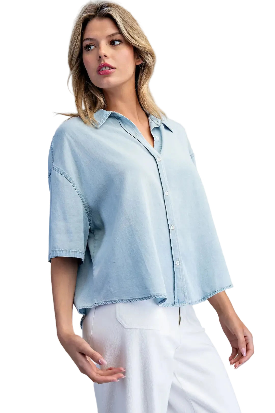 ee:some Women's Denim Solid Button Down Short Sleeve Blouse