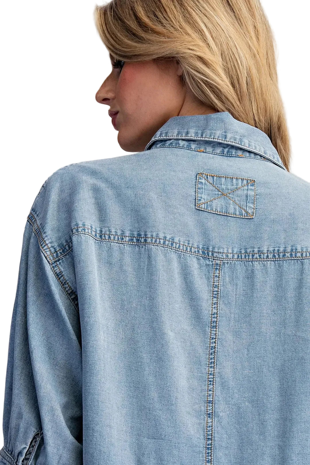 ee:some Women's Denim Ruffled Hem Button Down Top