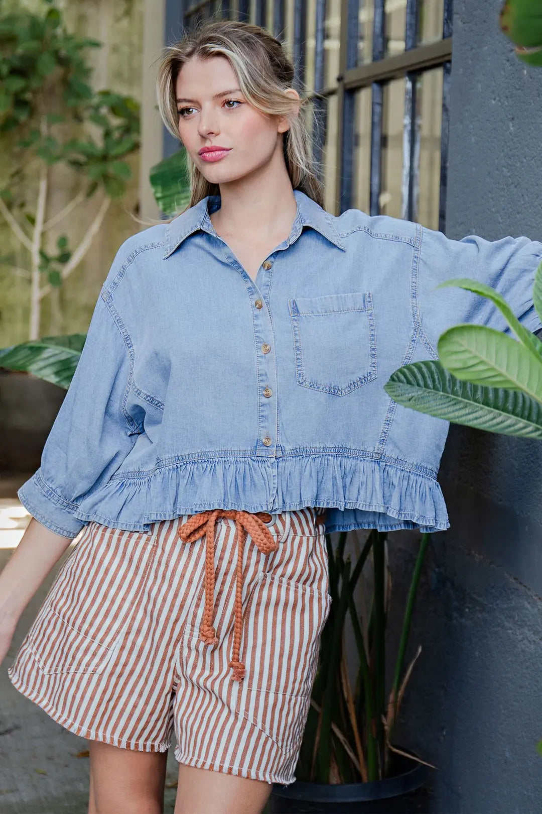 ee:some Women's Denim Ruffled Hem Button Down Top