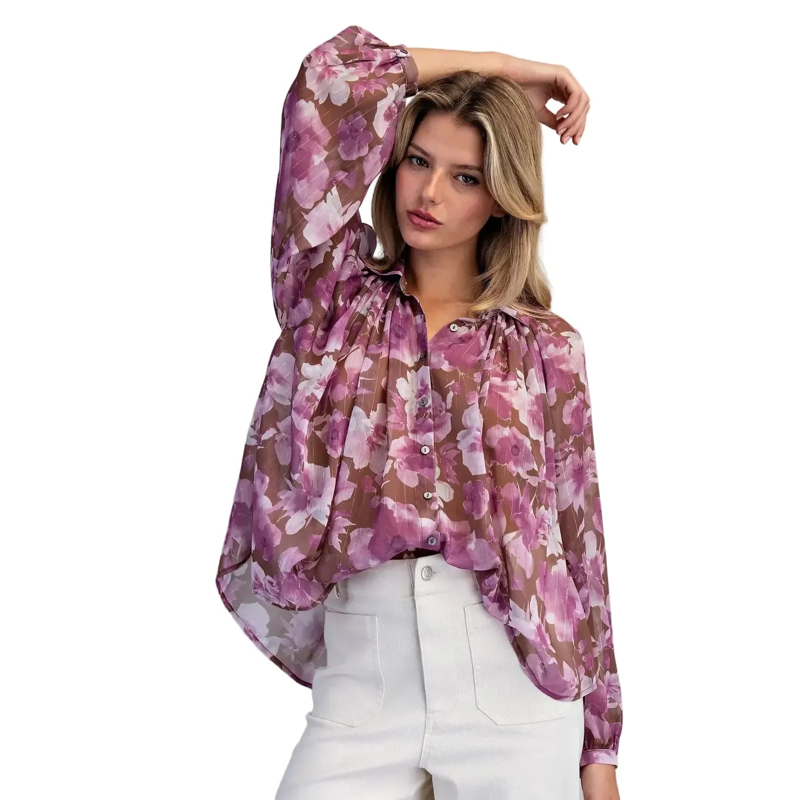 Women's ee:some Orchid Brown Floral Printed Button Down Blouse TK16118-ORCHIDBRN