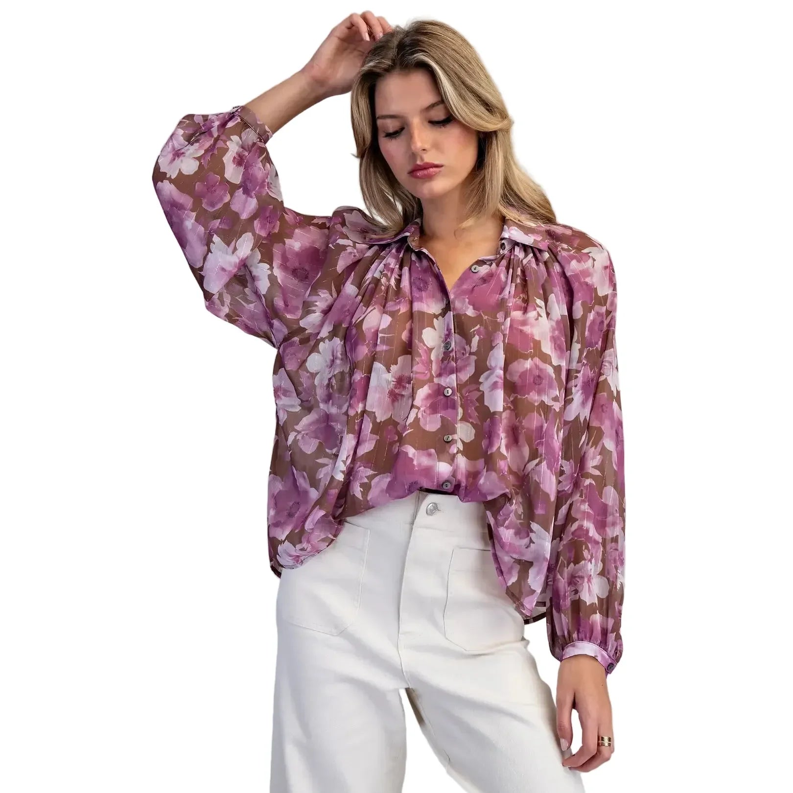 Women's ee:some Orchid Brown Floral Printed Button Down Blouse TK16118-ORCHIDBRN