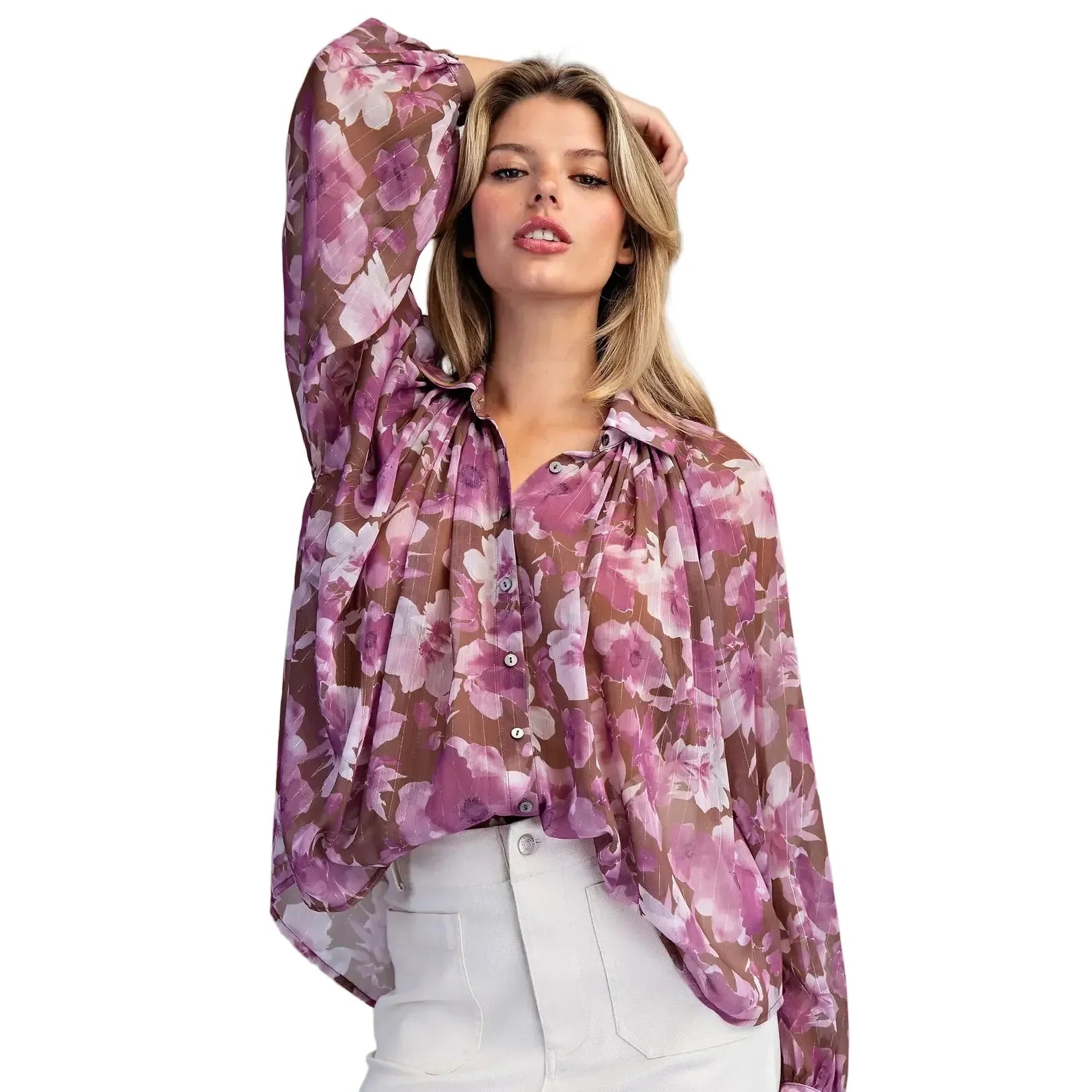 Women's ee:some Orchid Brown Floral Printed Button Down Blouse TK16118-ORCHIDBRN