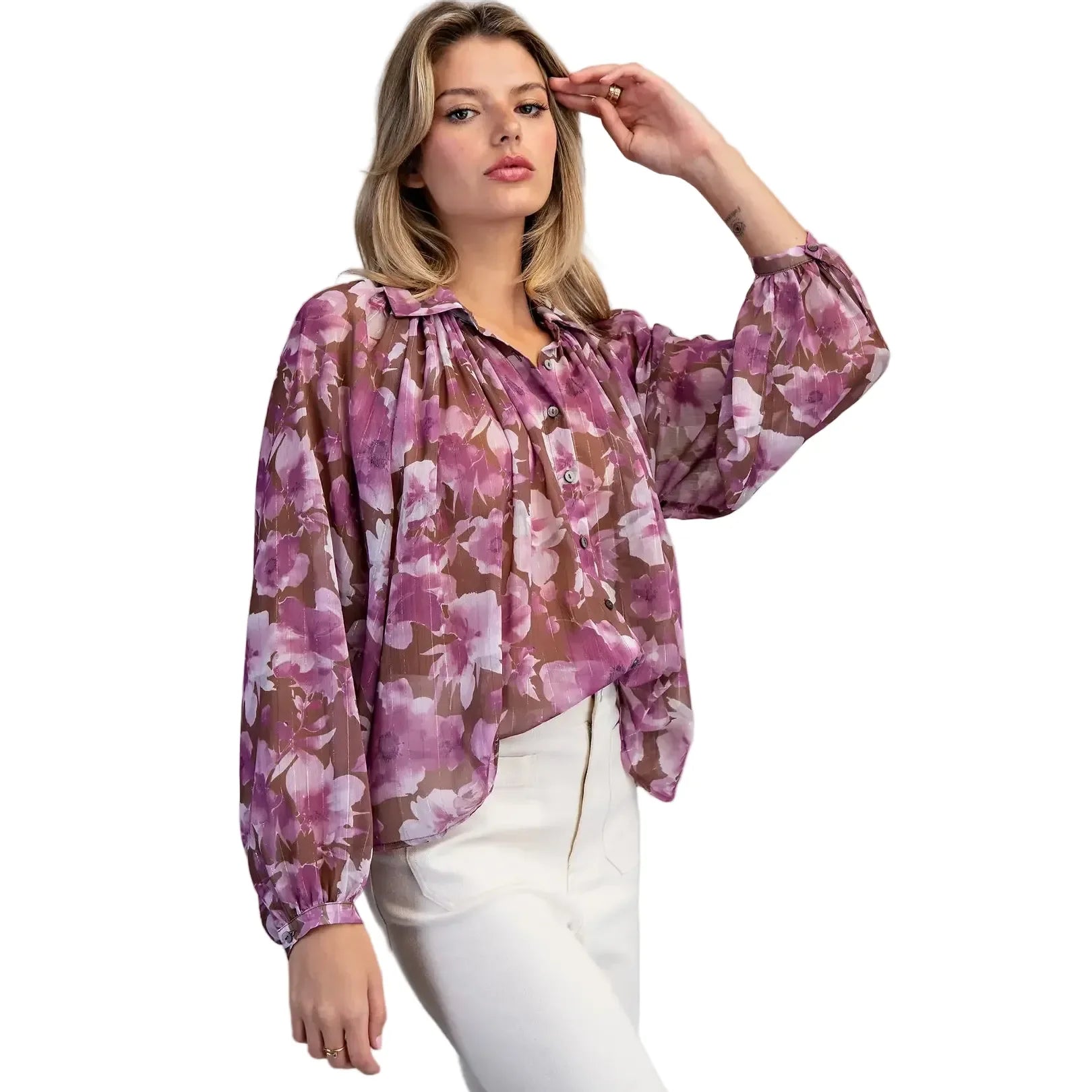 Women's ee:some Orchid Brown Floral Printed Button Down Blouse TK16118-ORCHIDBRN