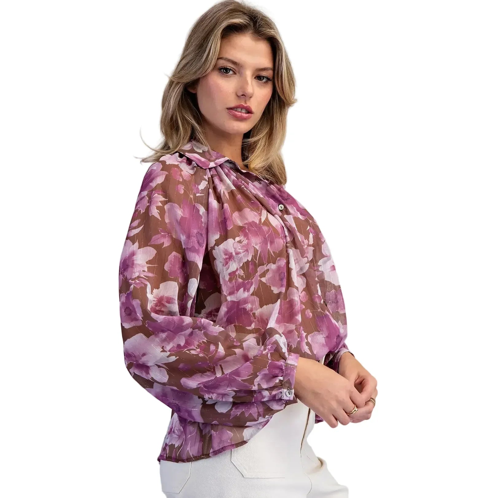 Women's ee:some Orchid Brown Floral Printed Button Down Blouse TK16118-ORCHIDBRN