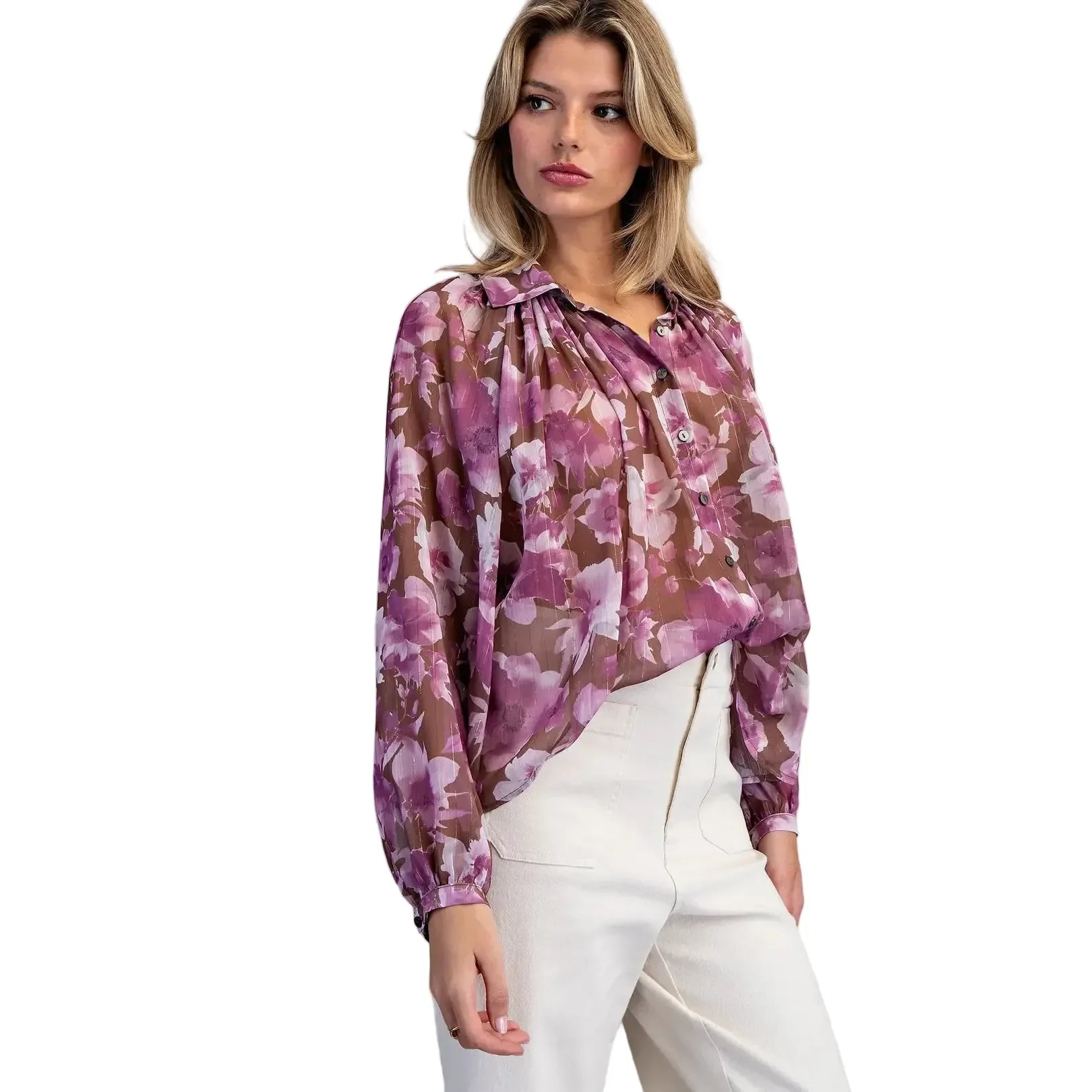 Women's ee:some Orchid Brown Floral Printed Button Down Blouse TK16118-ORCHIDBRN