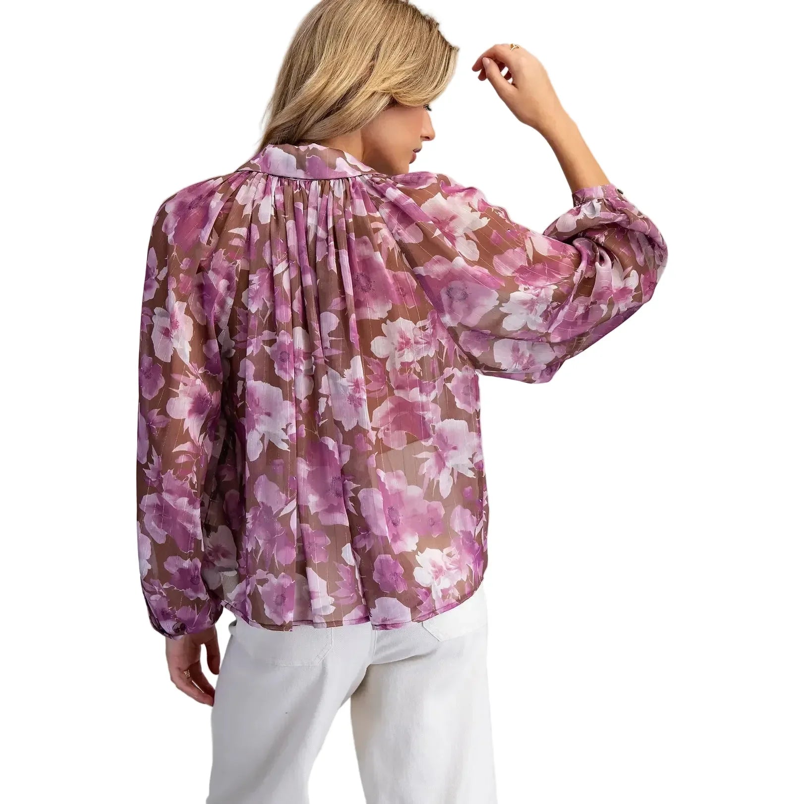Women's ee:some Orchid Brown Floral Printed Button Down Blouse TK16118-ORCHIDBRN