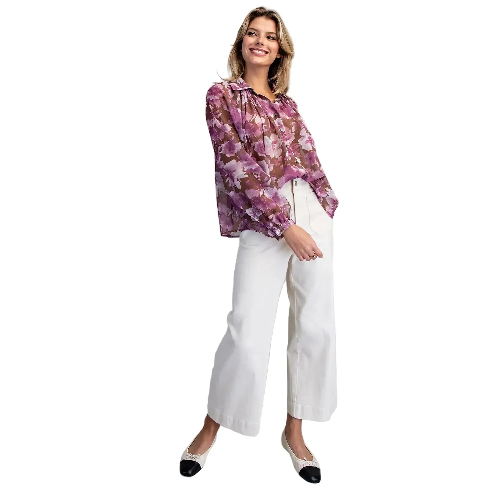 Women's ee:some Orchid Brown Floral Printed Button Down Blouse TK16118-ORCHIDBRN
