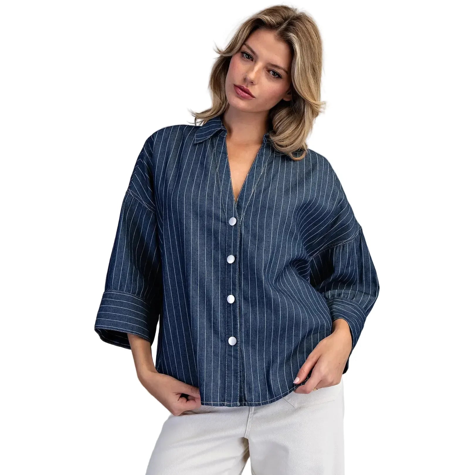 Women's ee:some Striped Button Down Back Pleat Blouse TK16072-DKDNM